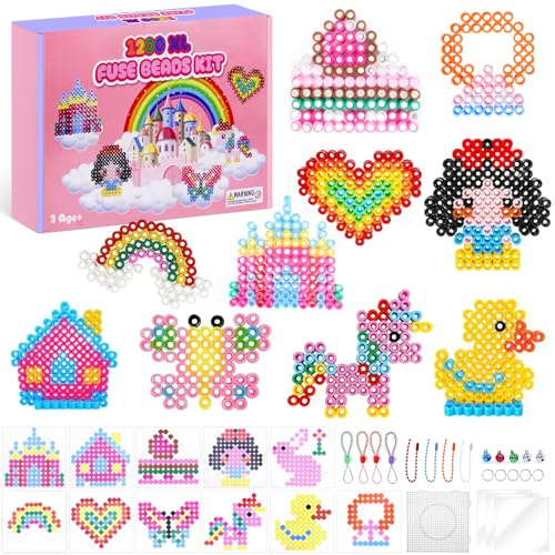 1200 Perline da Stirare Grandi da 10 mm, 10 Colori Kit Creativo Fai da Te, con 1 Base Quadrata, 11 Modelli, 3 Carta da Stiro, Set di Perline Creative per Bambini dai 3 Anni