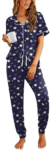Ekouaer Women Pajama Set Short Sleeve Button Down Pjs Soft Comfy Sleepwear Nightwear with Jogger Pants,Navy Blue Teddy,M