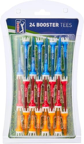 PGA TOUR Booster Golf Tees (24 Pack) - 3.15 (80mm), 2.5 (65mm), 2 (50mm) Polycarbonate Crown Golf Tees in Orange, Blue, Red , Reduced Friction