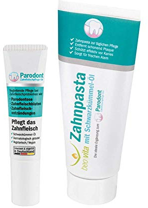 Beovita Zahnpflege-Set: Zahnpasta mit Schwarzkümmelöl 75ml & Paradont Gel 10ml – Fluoridfrei, vegan, antibakteriell – Mit Miswãk & ätherischen Ölen – Sanfte Pflege für empfindliches Zahnfleisch&Zähne