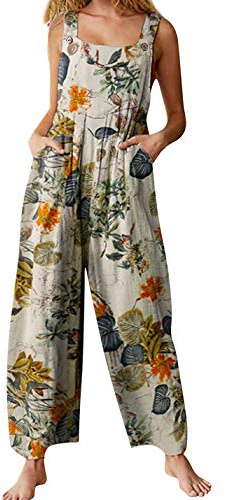 Himosyber Women's Patchwork Dual Pocket Jumpsuit Loose Floral Print Bohemian Wide Leg Bib Overall (#1Yellow, L)