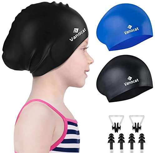 2 Pack Kids Swim Caps for Long/Short Hair, Unisex Silicone Swimming Cap for Age 3-15 Children Toddler Youth Teen, Waterproof Shower Cap Bathing Hats for Girls Boys with Ear Plugs & Nose Clip-8