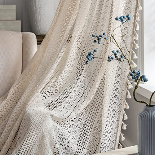 Tende in stile bohémien per soggiorno e camera da letto, lunghezza 213,4 cm, set di 2 pannelli, in cotone e lino, semi velate, con nappe e tasca per bastone, tende lunghe rustiche in pizzo beige