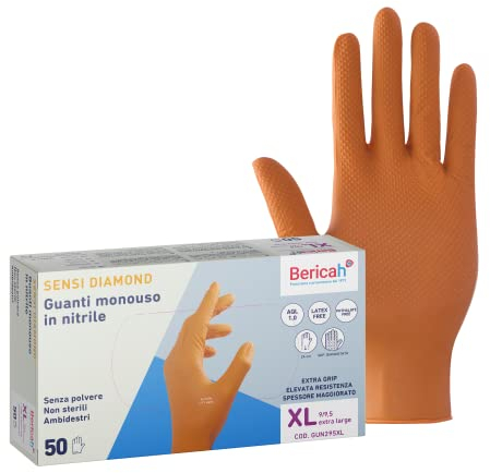 Bericah, Sensi Diamond, Guanti in Nitrile, Senza Polvere, Taglia XL, 50 Pezzi, arancione