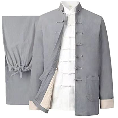 Baumwolle Leinen Tai Chi Uniform Set Tang Anzug Chinesische Traditionelle Kleidung Herren Kampfkunst Kleidung Atmungsaktiv Langarm Mantel Tops Hose, Kung Fu Uniform Zen Meditati, grau, L/XL