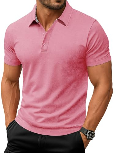 EKLENTSON Men's Outdoor Breathable Polo Quick Dry Short Sleeve Athletic Camping Tops with Buttons,Pink,3XL