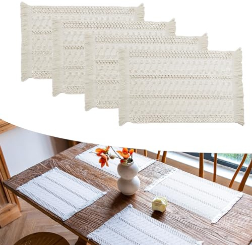 Elistonie Lot de 4 Sets de Table Boho en Coton tressé Sets de Table Frange tressée à la Main lavables Sets de Table Farmhouse en Lin à Pompons Sets de Table Macramé rustiques de la Table à Manger (C)