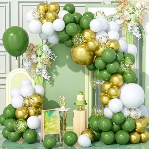 Teselife Kit Arco Globos Oro Verde Salvia, 136 Piezas Kit Guirnalda Globos Fiesta Oro Metálico Verde Oliva Blancopara Cumpleaños Baby Shower Boda Aniversario Carnaval Suministros Decoración