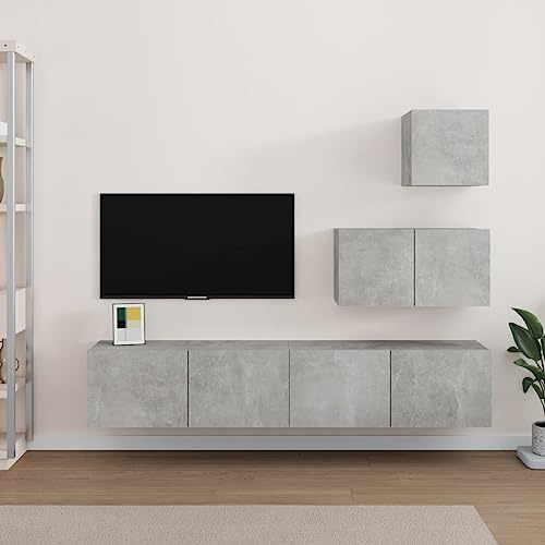 CKioict Armoire de salon buffet TV 4 pièces Ensemble meuble TV en bois gris béton Convient pour chambre à coucher, salon, bureau
