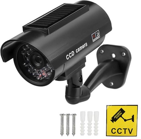 LIZEALUCKY Cámara Falsa de Seguridad CCTV Solar Impermeable, cámara Falsa de Seguridad con luz LED para destellear, Uso doméstico y Comercial para Interiores y Exteriores