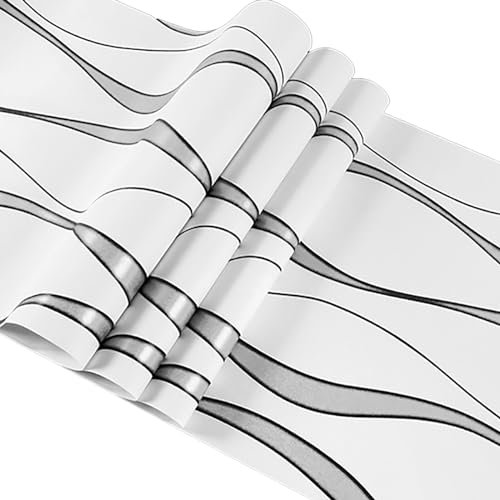 Baketron White Wallpaper Silver Glitter Textured 3D Effect Embossed Wallpapers Wave Stripes Wall Paper Roll Modern Feature for Living Room Bedroom Adults Hallway Kitchen Front Room