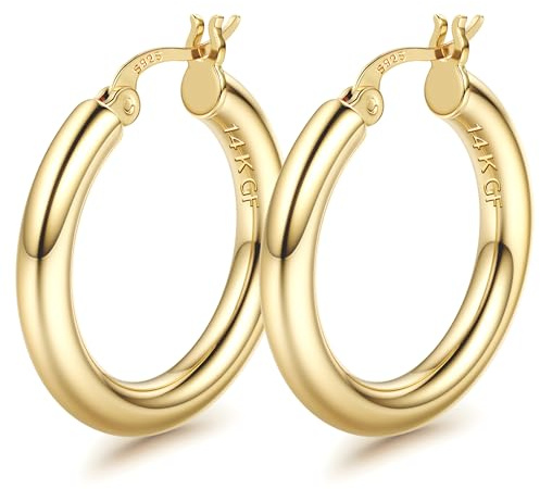 FioroYAL Boucles d'oreilles Créoles Or 14K Plaqué Argent 925 Hypoallergéniques, Grandes Créoles Pour Femme 25/30MM