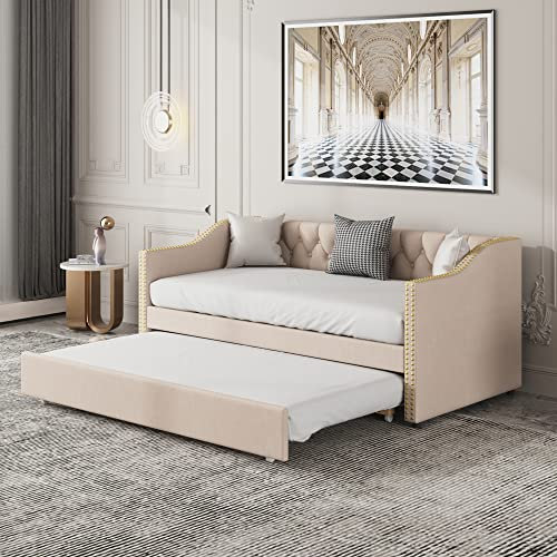 Aoskem Polsterbett Tagesbett 90x200 cm mit Ausziehbett, Einzelbett Kinderbett Schlafsofa Daybed Bettgestell mit Lattenrost, Bettsofa Jugendbett Gästebett, Ohne Matratze, Leinen (Beige)