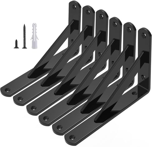 300 mm Shelf Brackets Heavy Duty Shelf Bracket 300 x 200 mm Metal Shelf Bracket Triangular Shelf Supports with Hardware for Wall Shelving, Black, 6 Pack