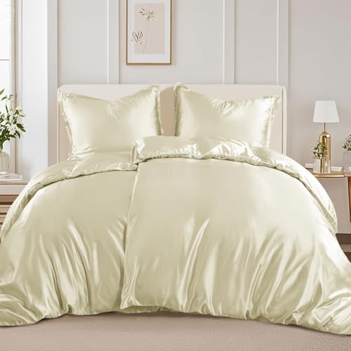 RUIKASI Satin sängkläder 135 x 200 4 delar – silkeslent påslakan beige med glans som sidensängkläder set för hår och hud, glänsande sängkläder 135 x 200 cm med dragkedja och örngott 80 x 80 cm