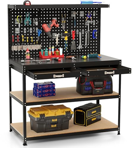 COSTWAY Banco da Lavoro con Piano da 120 x 60 cm, Banco da Lavoro Officina con Pannello Forato e 24 Ganci Porta Attrezzi, Tavolo da Lavoro per Garage con 2 Cassetti e 2 Mensole (Nero)
