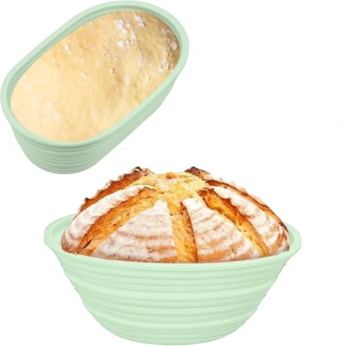 2 PcsBanneton Bread Proofing Baskets,Silicone Sourdough Bread Baking Supplies, Bread Proofing Baskets for Sourdough, 9.3 Round & 10.2 Oval Collapsible Sourdough Baking Basket (Green)