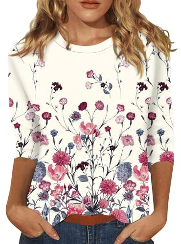 Chemisier pour Femme Élégant 3/4 Manches Col Rond Décontracté T-Shirt Chic et élégant Grande Taille Haut Lâche Respirant Tunique Tops Imprimé Florale Blouses de Bureau d'affaires