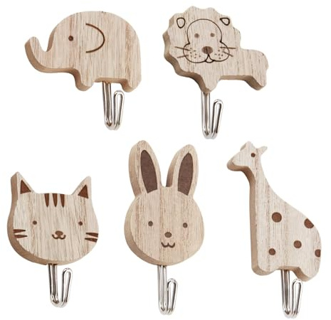 Novstuf 5 Packs Wooden Coat Hooks, Animal Wall Hooks Kids Coat Hooks for Nursery, Bedroom Living Baby Room Decor, Animal Theme Decorations Cats Rabbits Lions Giraffes Elephant