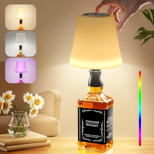 Lampe de Bouteille Sans Fil,Tactile et réglable 3 Températures de Couleur&RGB LED Lampe de Table, Abat-Jour Bouteille Rechargeable par USB-C, IP54 Etanche pour Restaurant,Chambre, Café ou cadeau