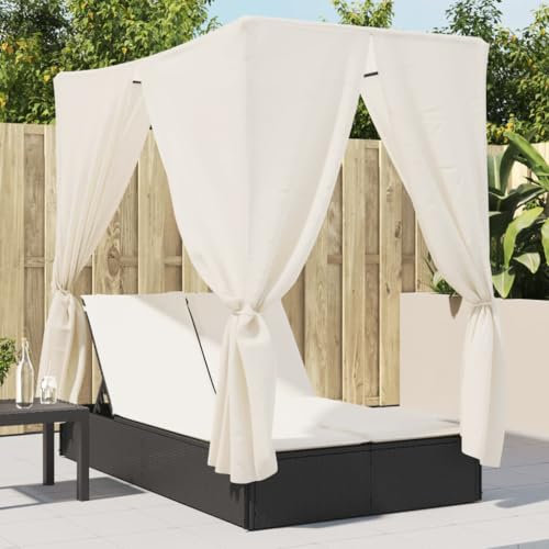 Snsowed Doppel-Sonnenliege mit Dach und Vorhängen Schwarz Poly-Rattan, Gartenliege, Liegestuhl, Sonnenstuhl, Sonneninsel Outdoor, Liegen, Gartenmöbel, Bäderliege, Relaxliege - 368072