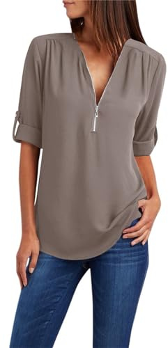 Uwdiohq Bouton Femmes Dames vêtements Chemise Ample en Mousseline de Soie Fermeture éclair Manches Longues Grande Taille Hauts Chemisier Soie Noire Chemisier Femme Chic Vetement Femme Chic Bleu