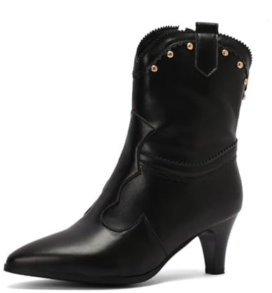 Botines Elegantes para Mujer Decoración De Tachuelas Punta Tacones Gato Elegante Fiestas Noches Casuales,Negro,37 EU