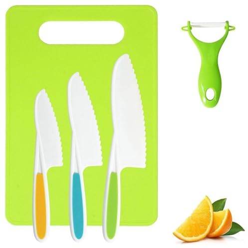 THQAE 5 Pcs Coltelli di Sicurezza per Bambini, Set di Coltello da Cucina per Bambini, Utensili da Cucina Montessori Incluso Pelapatate e Tagliere, per Tagliare e Cuocere Frutta o Verdura per Piccoli