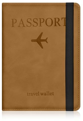 AOOSU Funda Pasaporte, Porta Pasaporte con Bloqueo RFID, Cuero de PU Porta Documentos Viaje Impermeable Resistente Desgaste para Pasaportes Tarjetas Crédito Funda Tarjeta Identific (Amarillo Marrón)