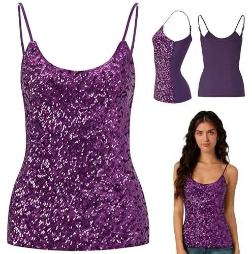 MUNSKT Women's Sequin Party Tops, Adjustable Straps Daily Halter Tank Tops Sleeveless Glitter Camisole Vest Blouse Tshirts for Night Club Party Performance Costume Tops