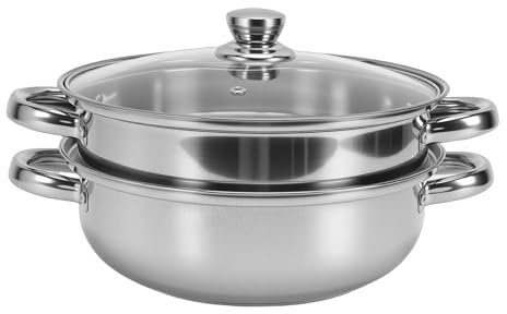 Fdit Juego de Olla de de Acero Inoxidable de 2 Niveles con Tapa de Vidrio, Olla de Antiadherente de 10,8 Pulgadas para Albóndigas de Verduras, Compatible con Estufas Eléctricas de