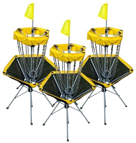 Disc Golf UK Lightweight Portable Disc Golf Basket with Carry Bag, Yellow, 8kg, Quick Assembly, 3 Pack