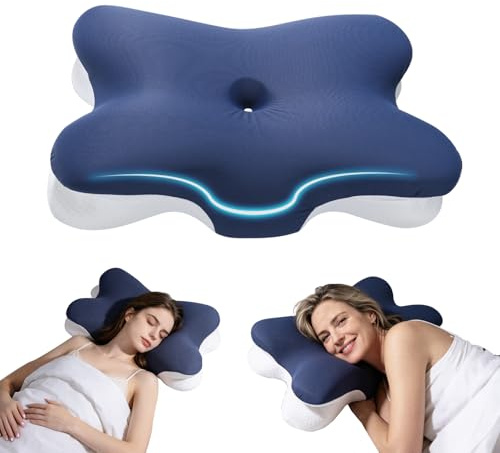 Cuscino Cervicale Memory Foam | 2 Altezze Cuscino Collo 67x37x8.5/9.5 cm | per Dormire su Fianco, Schiena e Stomaco | con Federa Sfoderabile e Lavabile | Royal Blue