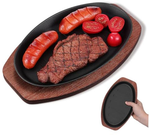 CIYODO Padella in Ghisa per Bistecca, Piastra per Grigliata con Vassoio in Legno, Superficie Liscia e Finitura Curata, per Casa e Ristorante