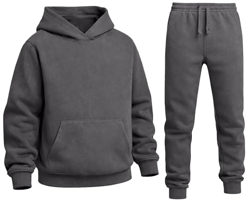The Fancy Dress Boys Girls Tracksuit Set - Unisex Kids 2 Pcs Activewear Fleece Lined Hooded Sweatshirt and Joggers Bottom Set for Sports Running Jogging, Grey, 13 Years-14 Years