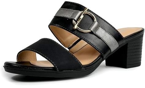 JOMIX Sandali Donna con Tacco Largo 5 cm Eleganti Estivi Ciabatte con Tacco Comodo Punta Aperta Mule Slip On con Fibbia Metallizzata per Ufficio Vacanze Tempo Libero Nero 39