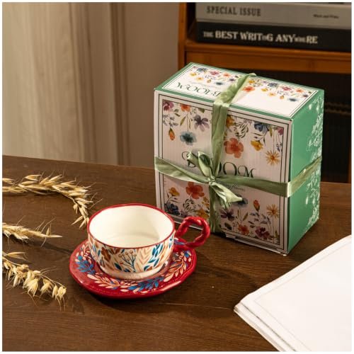OHAANYY Taza Café Porcelana Platillo Vajilla Flores Mariposas Té Verde (rojo)