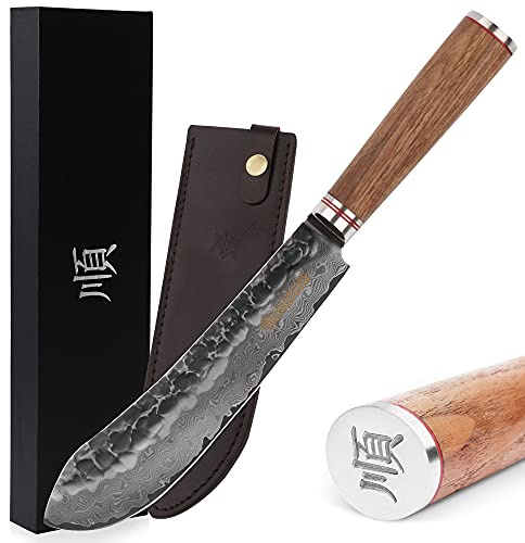 YOUSUNLONG Pro slaktkniv 20 cm kockkniv – japansk VG10 damast – valnötsträhandtag