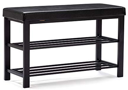 HNNHOME Canopus Shoe Bench, 3-Tier Shoe Rack Shelf Organiser with Padded Cushion Seat, Steel Frame, for Entryway, Hallway Living Room, Industrial Accent Furniture 81x32xH50 cm (Black, Faux Leather)