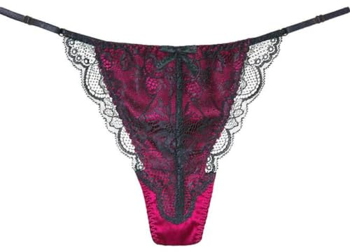 SilRiver Dam silke spets G-string stringtrosa, sexiga T-back underbyxor med mjuk satin, Rosa violett, L-XL