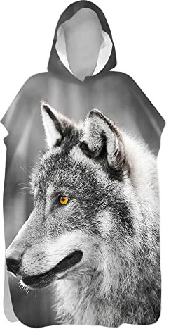 Lukery Serviettes Poncho de Plage, Séchage Rapide Surf Poncho Robe de Bain avec Capuche pour Adultes Enfant, Serviette à Changement Motif Animaux 3D (Loup,80x145cm)