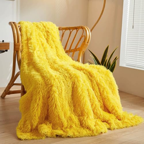 XeGe Couverture en fausse fourrure de luxe, jaune douce 50x60, couverture de lit duveteuse, couverture de canapé décorative moelleuse et Shaggy, couverture de genoux mignonne et pelucheuse pour