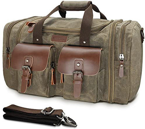 Wildroad Waxed Canvas Duffle Bag - 60L Waterproof Genuine Leather Weekender Overnight Travel Hand Bag