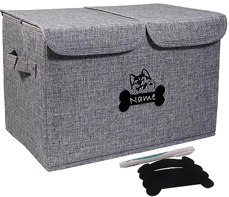Brabtod Large Dog Toy Bin-Pet Toys Storage Box-Fabric Storage Bin with Lid-Collapsible Dog Toy Organizer,Dog Toy Basket -Chew Proof Dog Bin-Can be Personalized-Gray