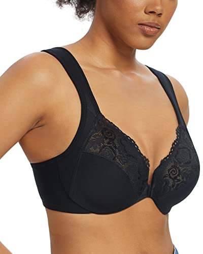 Lemorosy Wide Strap Front Closure Bra Lace Full Figure Underwire(Black Wide Strap,34DD)