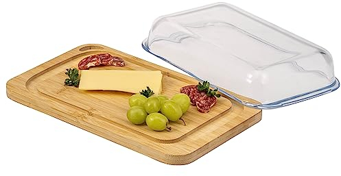 eluno Plateau à fromage en bambou avec couvercle en verre, boîte à charcuterie, cloche à fromage, 18 x 29 cm