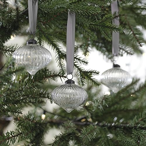 Ginger Ray Gerippte Glaskugeln, Weihnachtsbaum-Hängedekoration mit silberfarbenem Band, 3 Stück, Silber/Schwarz