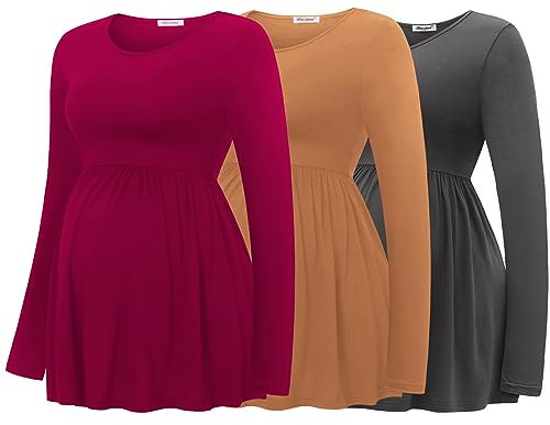 Bearsland Maternity Tops Long Sleeve Scoop Neck Breastfeeding T-Shirt Pregnancy Clothes, Wine Red& Iron Grey& Light Orange, XL