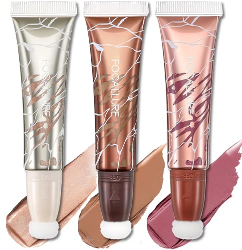 FOCALLURE 3 PCS Liquid Contour Stick,Moisturizing Highlighter,Blush and Bronzer,Silky Cream Contouring Pen with Soft Cushion Applicator,Long Lasting Face Illuminator Makeup,Hard Love