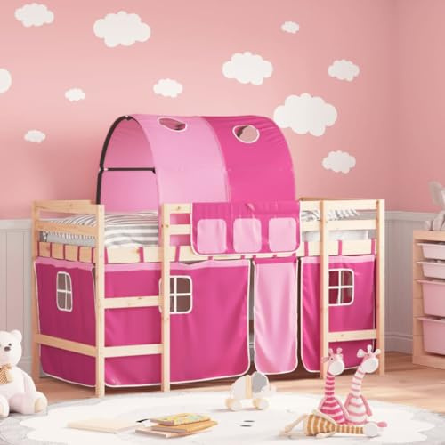 Festnight Cama Alta para Niños con Túnel y Cortinas, Cama Litera de Madera, con Baryillas y Espacio de Almacenamiento, Mueble Mobiliario Dormitorio Infantil, Natural y Rosa 90x200 cm